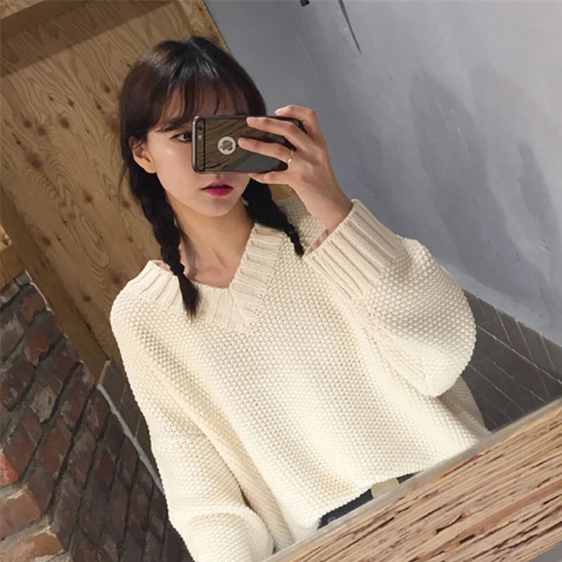 

Harajuku Autumn Winter Knitted Sweaters Women Korean Retro Chic V Neck Loose Thick Twist Pullovers Female Sweet Basic Knitwear