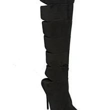 Новые черные тонкие высокие каблуки острым носом колено высокие сапоги назад вырезы сторона молния супер высокие каблуки весна осень длинные сапоги
