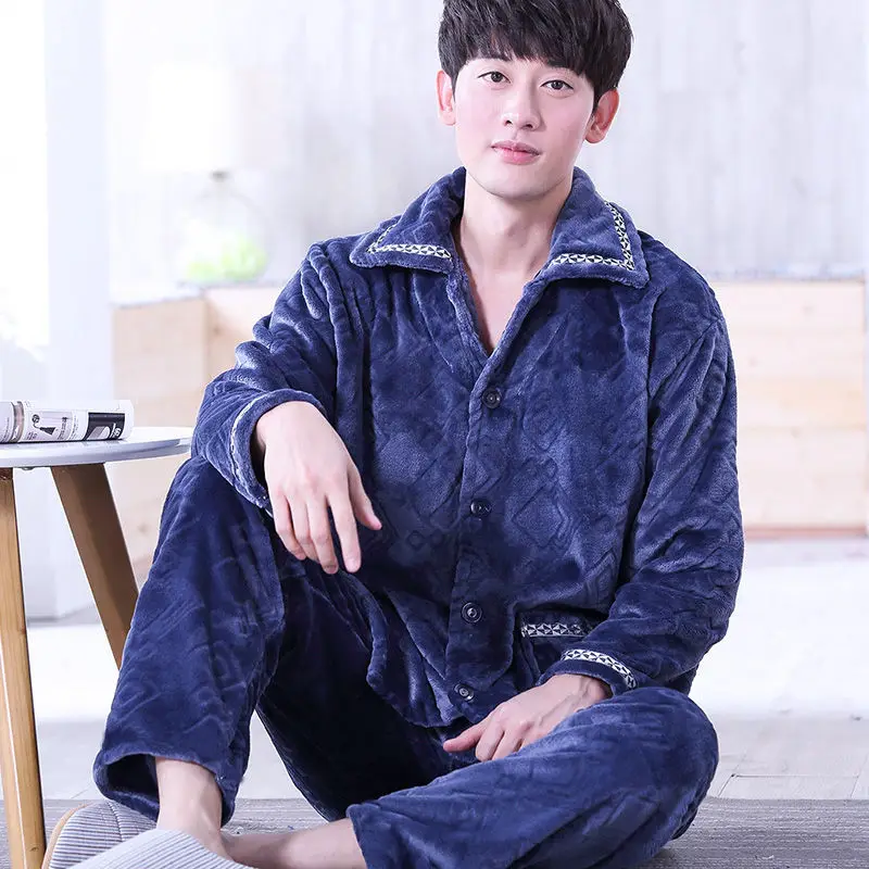 Pajamas Set Men Winter Warm Stripe Sleepwear Print Thick Flannel Pyjama Long Sleeve Pants V-Neck Shirt  Man Home Pjs cotton pjs Pajama Sets