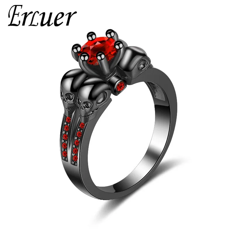 

ERLUER Gothic Skull Style Ring Red Crystal Zircon Black gold Female Rings For Women Girls Skeleton Jewelry Gift Dropshipping