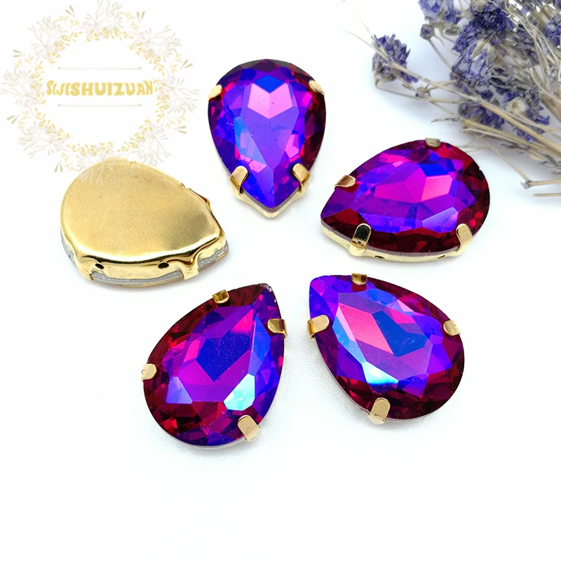 

Best-selling Red AB color Water drop Crystal Glass Sew-on Rhinestones with gold Claw DIY wedding Dresses and Clothes