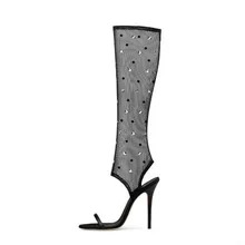 Черная кружевная сеточка сандалии гладиатора сапоги до колена с открытым носком и вырезами, украшенные кристаллами сапоги летние модельные туфли на тонком каблуке