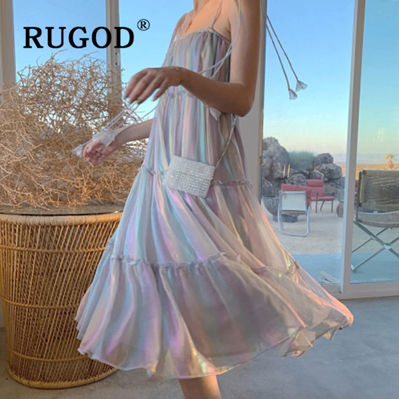 RUGOD элегантное яркое шифоновое платье на тонких бретелях с оборками без рукавов