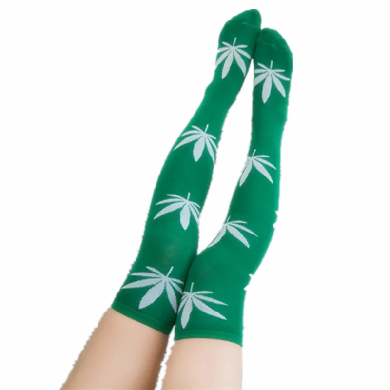 Fashion Women's Stockings Sexy Harajuku Thigh High Socks Woman Weed Print Spandex Long Loose Knee High Socks For Ladies Meias