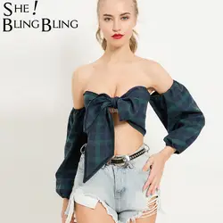 SheBlingBling уличная Для женщин пикантные открытыми плечами короткие шикарный плед без бретелек с бантом топы с пышными рукавами спинки майки