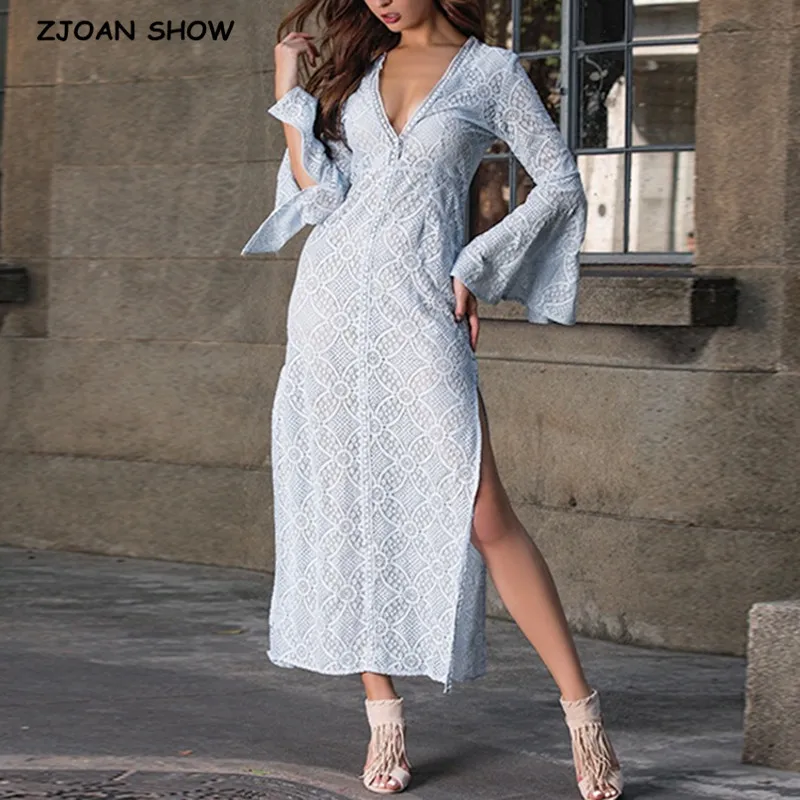 

2019 New Deep V neck Side Split Lace Dress Sexy Women Long Flare Sleeve Slit Cuff Maxi Long Hollow Out Dresses