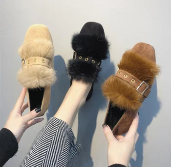 

Hairy Single Shoes Wool fluffy Shoes Autumn and Winter New Retro Casual Versatile Square Head Fur Buckle Peas Shoes Women Shoes