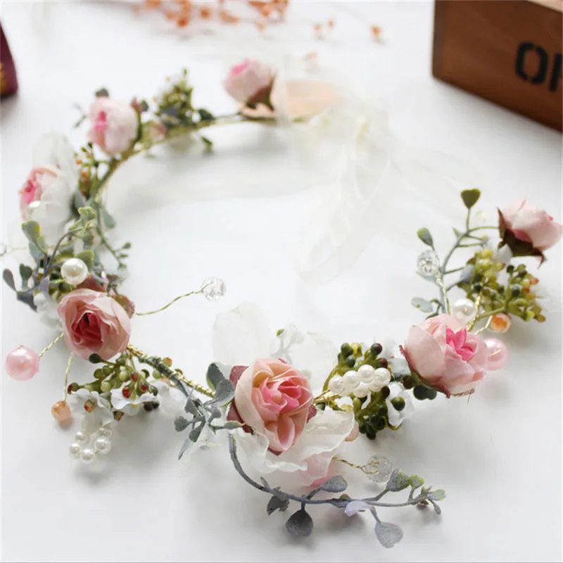 

CC Tiaras And Crowns Hairbands Rose Flower Wedding Hair Accessories For Bridal Bridesmaids Girl Seaside Headdress Pink Yarn at09