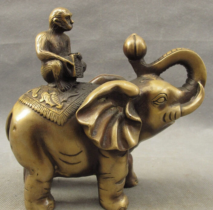 

Folk Chinese Bronze Shou Peach Monkey Hold Seal Ride JiXiang Elephant Statue