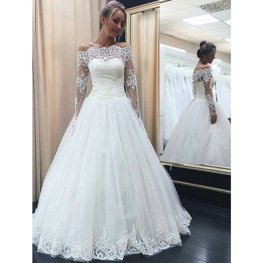 

Off Shoulder Long Wedding Dresses Boat Neck Illusion Long Sleeves Lace Up Back A Line Applique Bridal Dress Vestido De Noiva