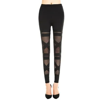

Women Pants Sexy Mesh Gothic Legging Slim Punk Rock Elastic Cross Bandage Pants Female Capris Black
