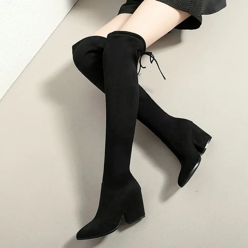 

Pointed Toe Square Heel Stretch Boots Women Sexy Thigh High Boots Ladies Red Black Party Shoes Woman Winter Over the Knee Boots