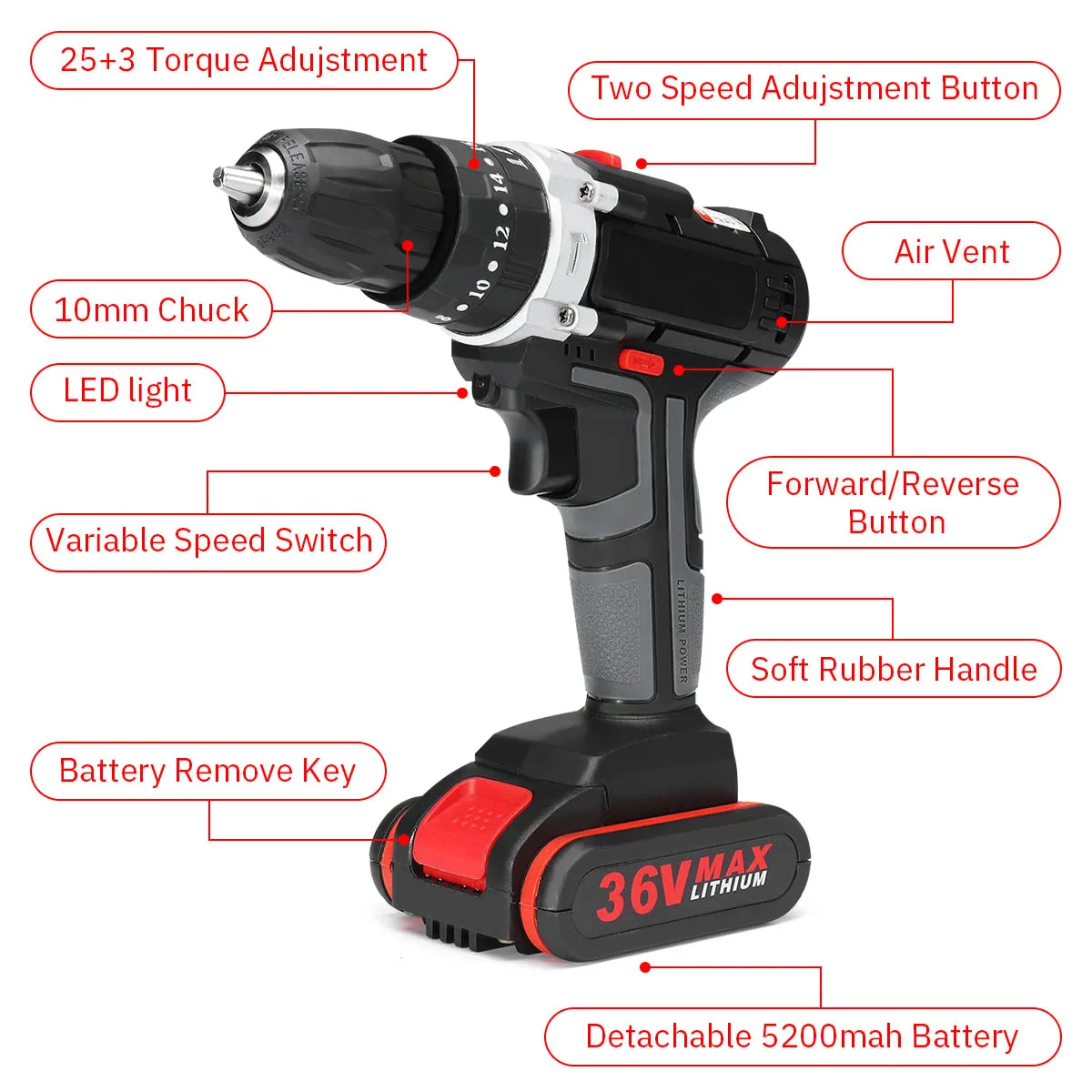 24V Профессиональный Аккумуляторный Перезаряжаемые электрическая дрель дома эргономичный дизайн съемный литий Батарея Мощность ударных дрелей