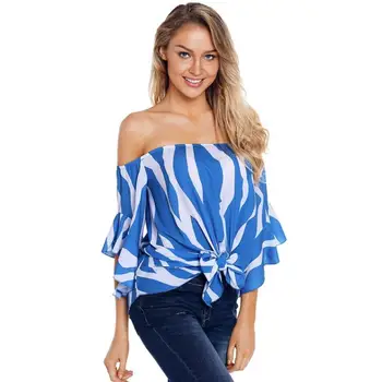 

Sexy Ladies Stripe Chiffon Loose Tees Tops Summer Women Casual Off Shoulder Butterfly Sleeve Bandage Shirts Large Size
