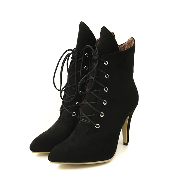 Женские ботинки; зимняя обувь; Модные леопардовые ботильоны на высоком каблуке; повседневная обувь с острым носком; женские туфли-лодочки на шнуровке; большие размеры - Цвет: Black Boots