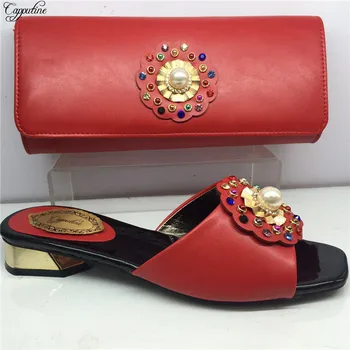 

New coming red African medium heel slipper shoes and handbag set with pearls GY31 heel height 4cm