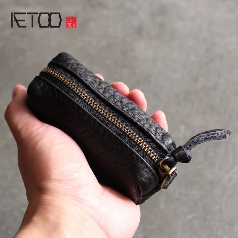 

AETOO Simple leather key bag small package mini coin purse head layer leather zipper short section small wallet mini coin bag