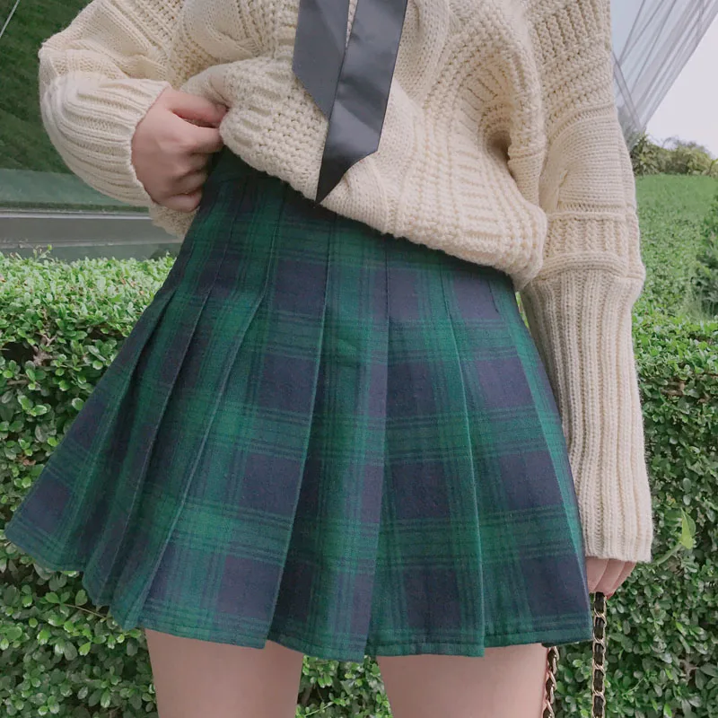 Новые женские мини юбки с высокой талией юбки Харадзюку милые Kawaii юбки плиссированная юбка в клетку для колледжа# A006 - Цвет: Зеленый