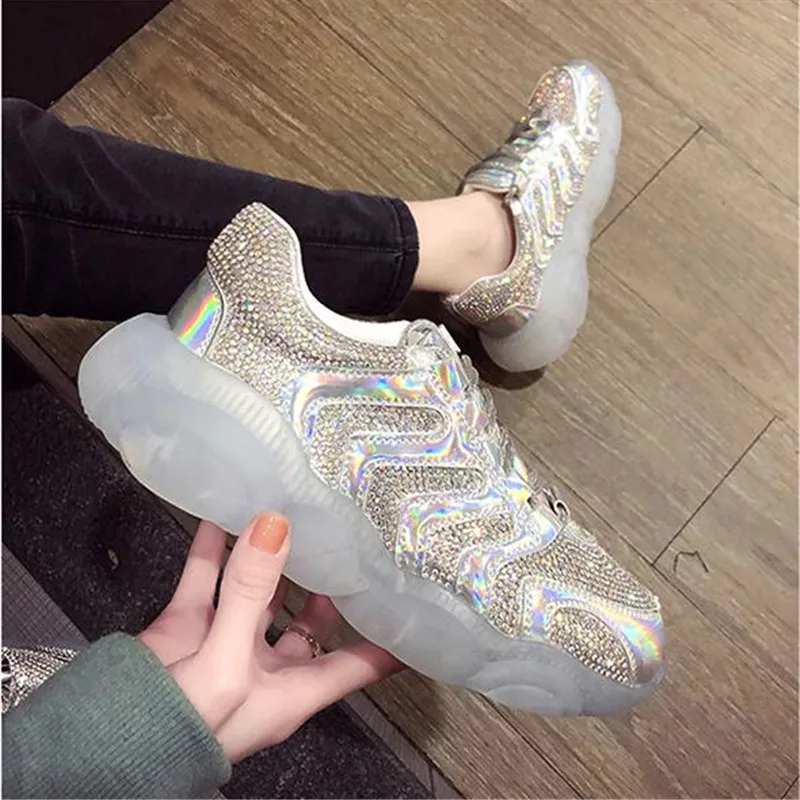 

Gleaming Women Shoes Fashion Rhinestone Flat Shoe Lightweight Breathable sneaker Loafers Casual Female Footwear size 35-39