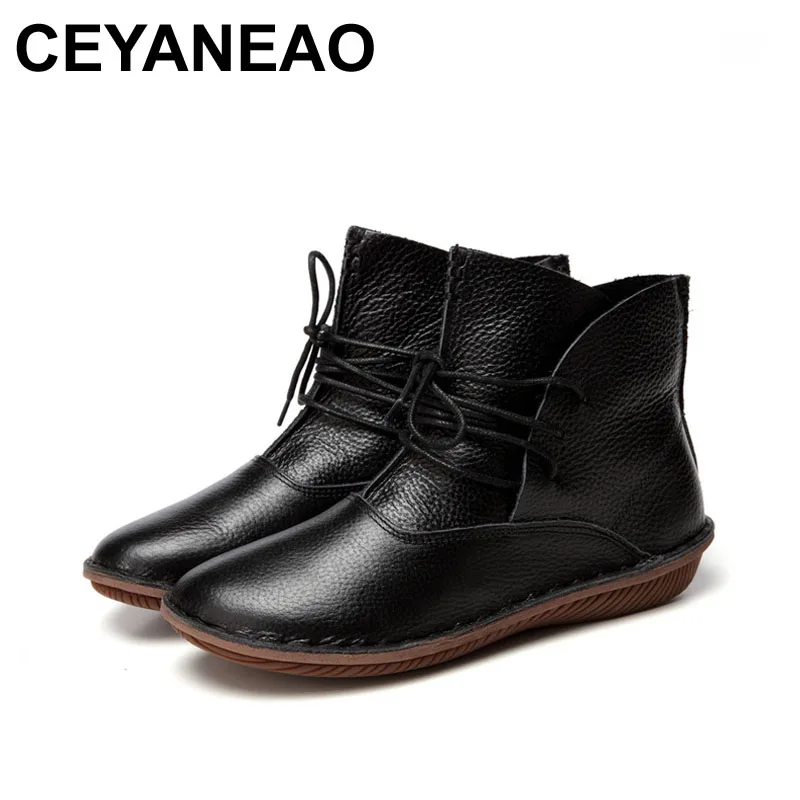 CEYANEAO 2018 Women Shoes Spring Female Full Grain Leather Boots Fashion Plain Solid Round Toe Vintage Literary 506-H