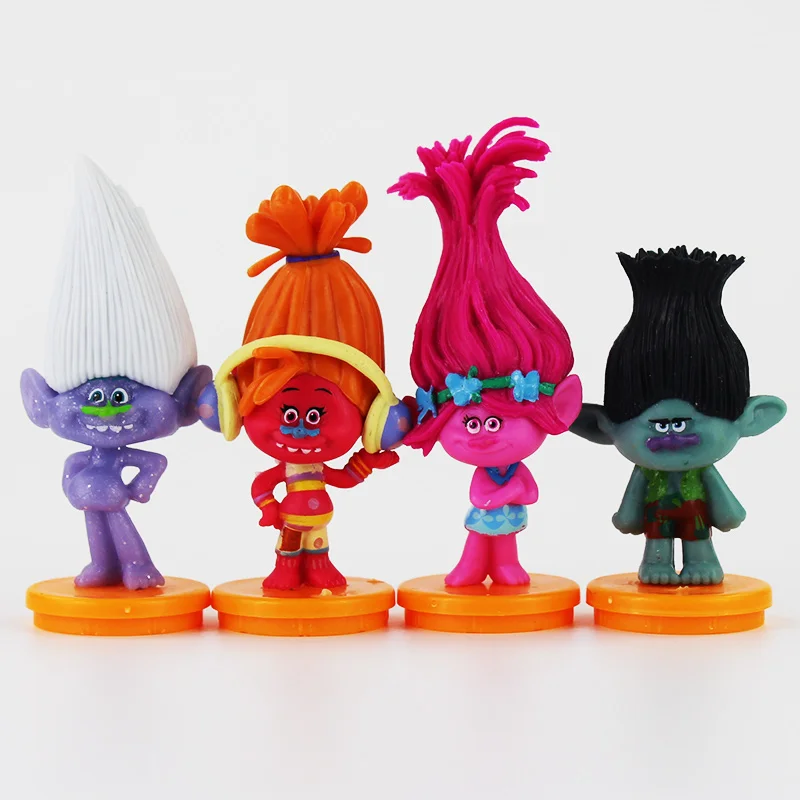 

New 4pcs/Lot Trolls Poppy Branch DJ Suki Guy Diamond PVC figure with base 7cm