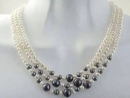 

wholesale Beautiful 3row 6-7mm white & black pearl necklace