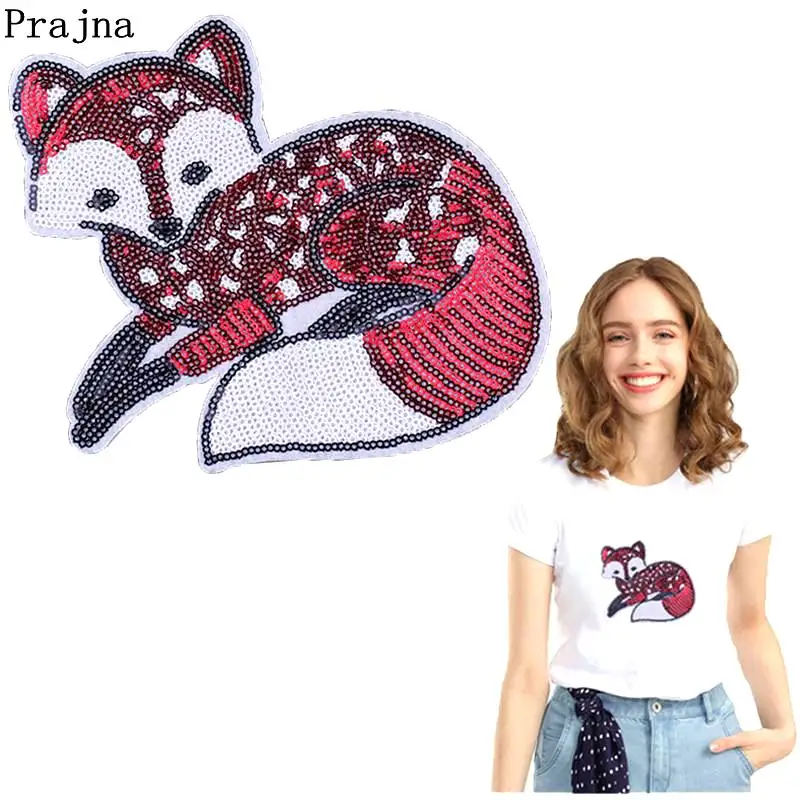 

Prajna Red Fox Animal Patch Iron On Patches On Clothes Sequined Patches For Clothing DIY Cartoon Squirrel On T-shirt With Sequin