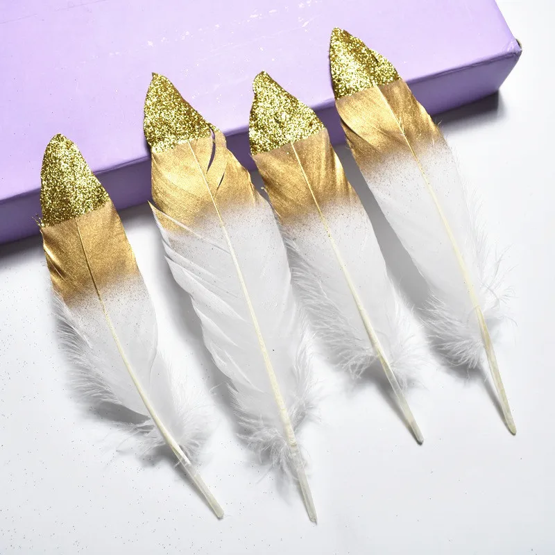 White (Two Gold) 20 шт./партия, золотые, серебряные гусиные перья 15-20 см, 6-", перья для рукоделия, аксессуары, перья фазана DIY, свадебные украшения - Цвет: White (Two Gold)