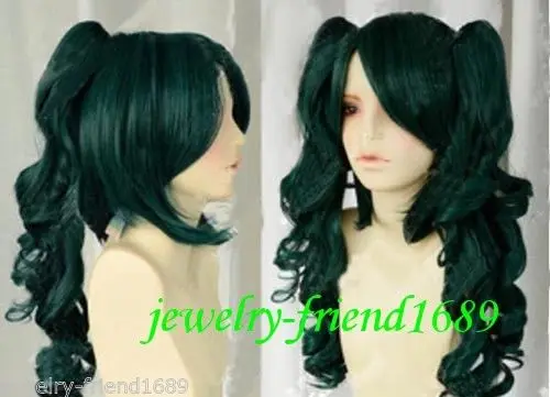 peruca hair queen New HOT &gt&gt&gtNew Heat Resistant Cosplay Dark Green wig Mixed Wig +Two clip on Ponytails |