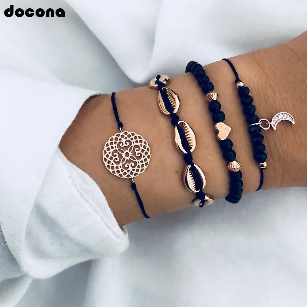 

Docona Black Beadeds Moon Shell Crystal Layered Bracelet Bangle Set For Women Boho Gold Color Flower Adjustable Jewelry 3826