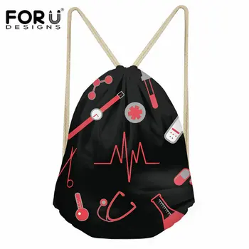 

FORUDESIGNS 3D Nurse Heartbeat Printed Small String Backpack Women Girls Casual Travel Drawstring Bag Female Beach Shoe Sack Bag