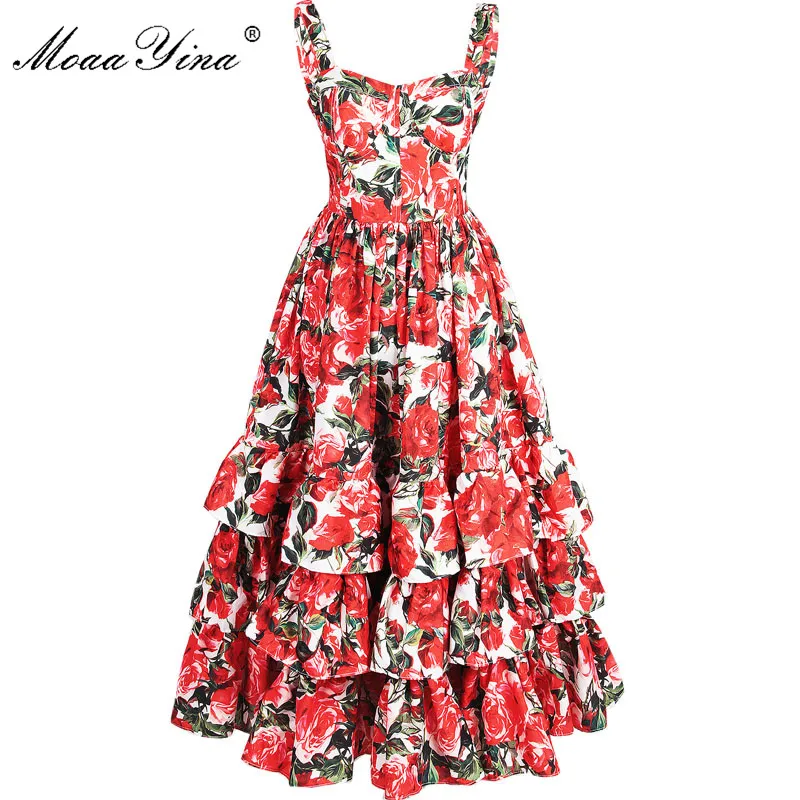MoaaYina Fashion Designer Runway Ball Gown Dress Summer Women Spaghetti strap Backless Floral Print Cascading Ruffle Beach Dress MoaaYina Fashion Designer Runway Ball Gown Dress Summer Women Spaghetti strap Backless Floral Print Cascading Ruffle Beach Dress