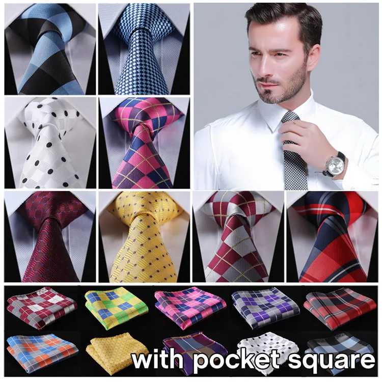 

Check 3.4" 100%Silk Wedding Jacquard Woven Men Tie Necktie Pocket Square Handkerchief Set Suit ECD