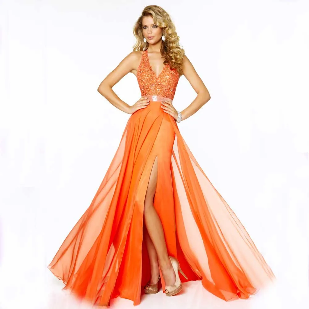 Orange Pink Prom Dresses Lace Bodice Formal Gowns Plus Size Crystal