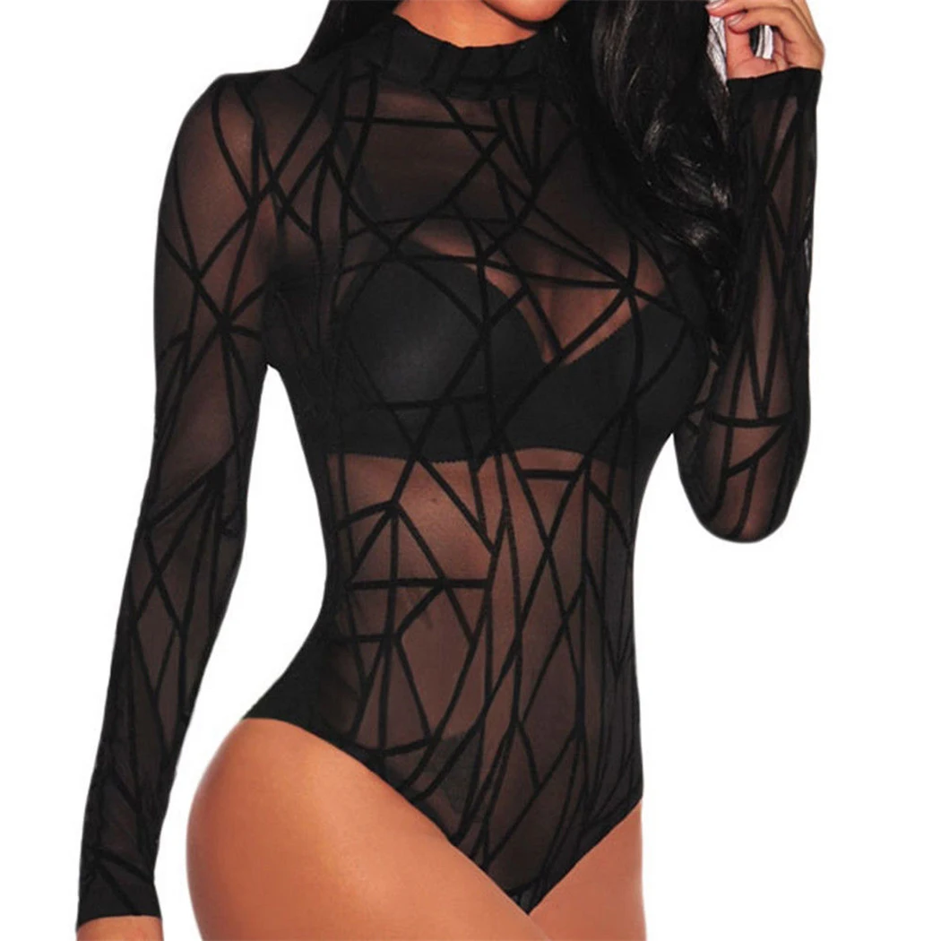 Sexy Transparent Sheer Mesh Bodysuit Tops Women Playsuit Party Club Overalls Long Sleeve Black Jumpsuit Romper Female Plus Size - Цвет: Black