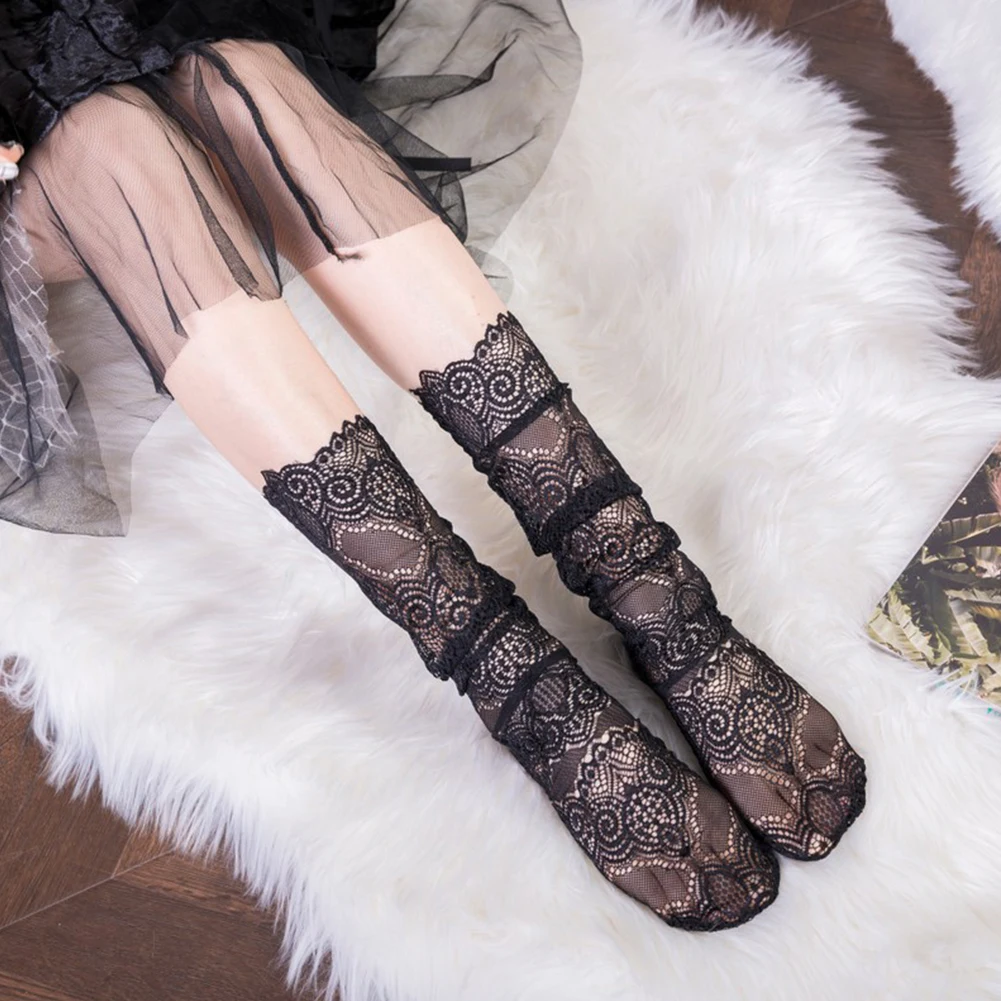 

Women Elastic Soft Fashion Mesh Socks Retro Middle Tube Sexy Lace Floral Summer