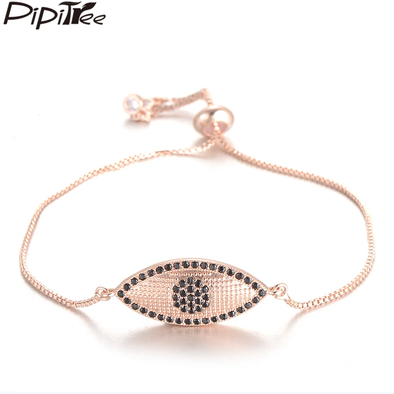 

Pipitree Fashion Black CZ Evil Eye Bracelets for Men Women Adjustable Chain Cubic Zircon Rose Gold Color Bracelet Bangle Jewelry