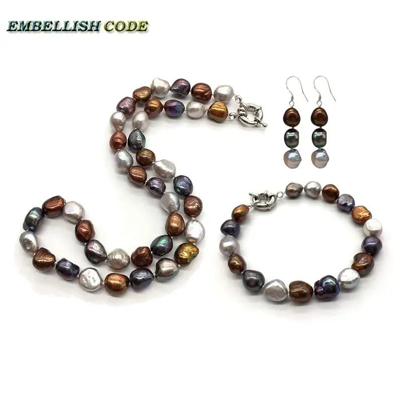 

selling well charm necklace earring bracelet set small baroque pearls simple freshwater pearl Peacock blue brown coffee grey