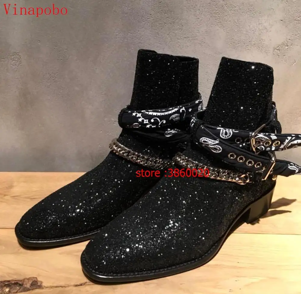 

VINAPOBO Brand Genuine Leather Men Boots British Style Black chains Simple Pointed Toe Chelsea Boots Men Casual Flat Ankle Shoes