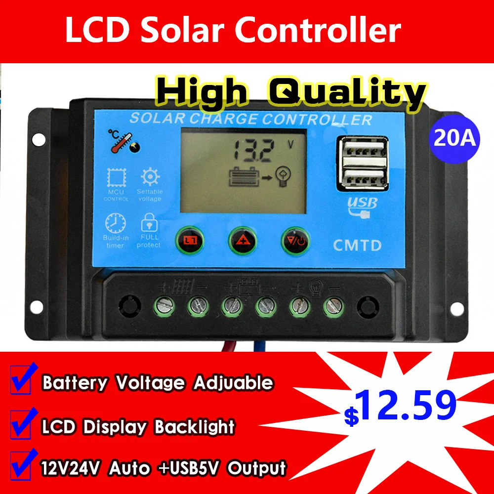 

20A 12V/24V Dual USB Solar Controller Auto LCD Dispaly PWM Solar cell panel Charge Battery regulator Solar kit Solar lighting