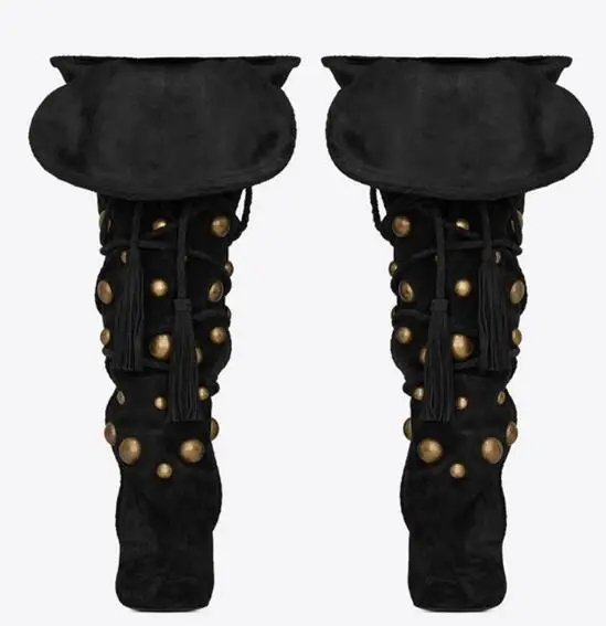 Rodilla Calentamiento Marca Remaches La Nueva De Talones Botas Moda Invierno Fold Borla Chunky Toe Fringe Mujeres Punta As Picture Encaje Largas 6ZttwqYd