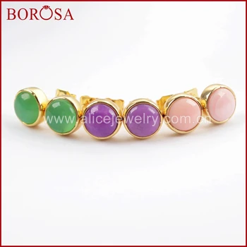 

BOROSA 5Pairs Gold Color Round Multi-kind Natural Stone Bezel Stud Earrings, New Druzy Stud Earrings Jewelry for Women ZG0259