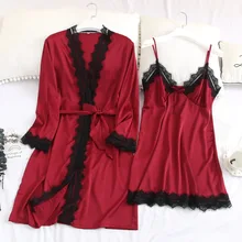 Для женщин халат и платье комплект Sexy Кружева атласная одежда для сна комплект для Для женщин сезон: весна–лето халат+ платье Двойка пижамы MA50153