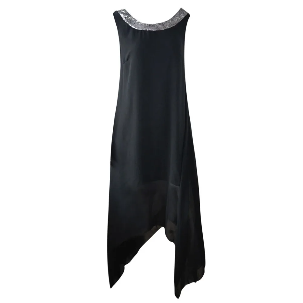 Chiffon Thin Lightweight Summer Sleeveless Dress Casual Sleeveless Beads Collar Irregular Hem Solid Party Dress 40MY15 (5)