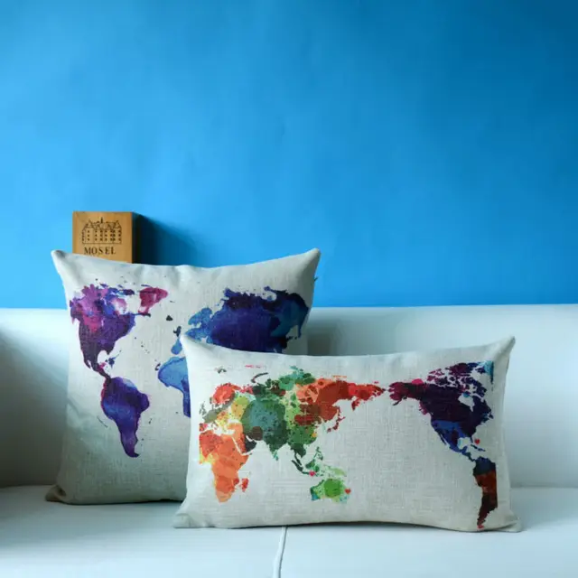 New Watercolor World Map Cotton Linen Pillowcase Travel Blue Decorative