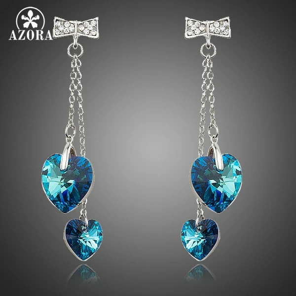 AZORA Romantic Double Heart of Ocean Blue Stellux Austrian Crystal Drop Earrings for Valentine's Day Gift of Love TE0184