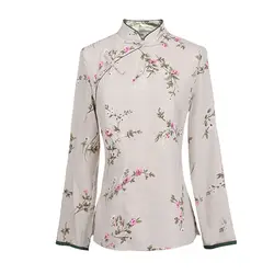 Женская рубашка с воротником-стойкой в традиционном китайском стиле; топы; платье Чонсам с длинным рукавом; однотонная льняная блузка; Mujer