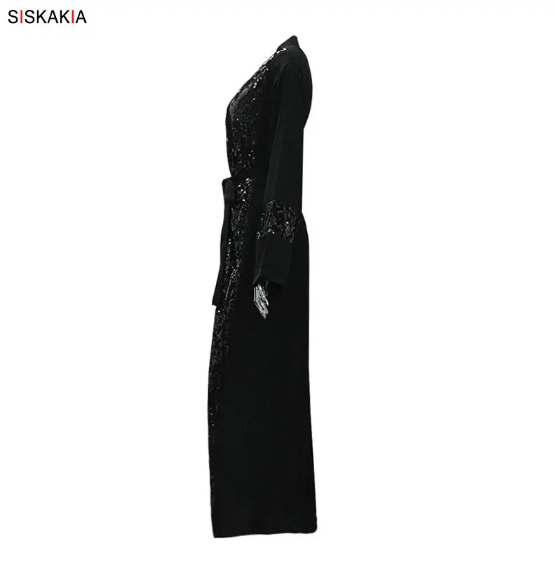 Siskakia, модная женская Лоскутная Одежда с блестками, абайя, весна, Новое поступление, мусульманский кардиган, туники, черная одежда для Рамадана, тонкий пояс