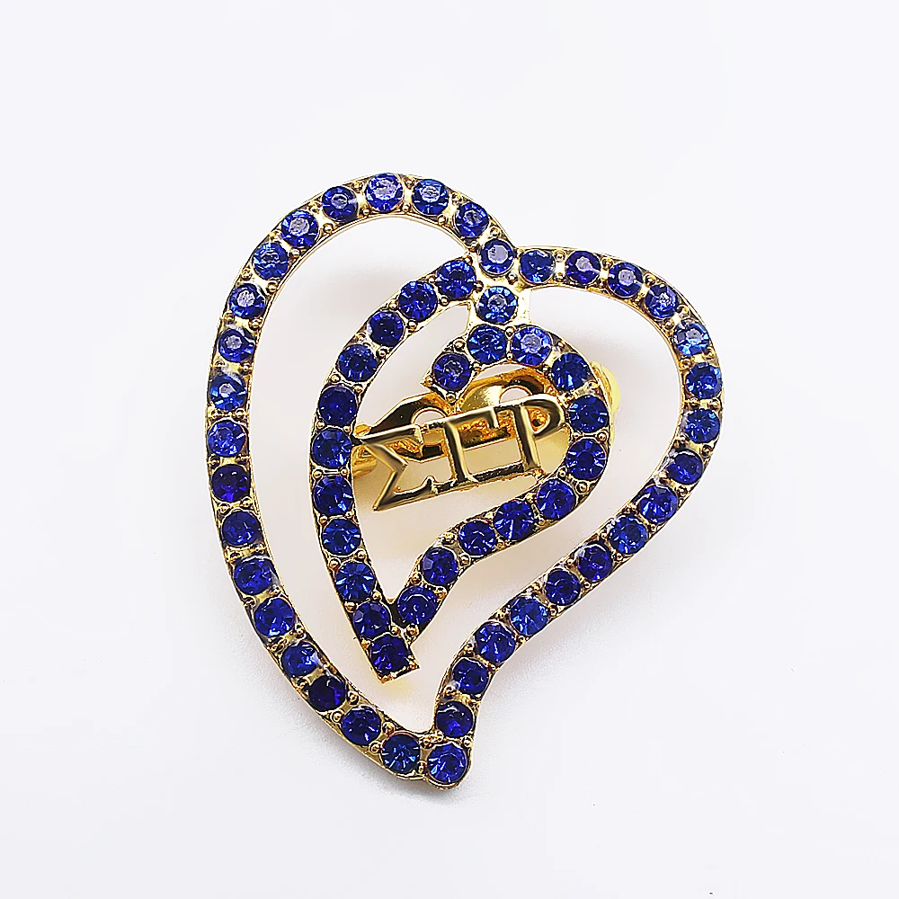

Shiny rhinestone inlaid heart-shaped metal SIGMA GAMMA RHO brooch Greek society sorority jewelry dropshipping