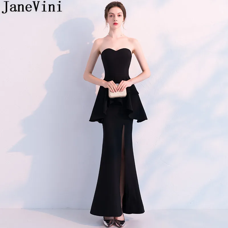 

JaneVini Fashion Black High Split Prom Dress Long Peplum Mermaid Bridesmaid Dresses Sexy Sweetheart Floor Length Party Gowns